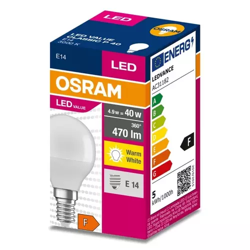 Żarówka LED VALUE CLASSIC P 40 E14 4,9W 470lm 3000K 830 FR | 4058075630376 1